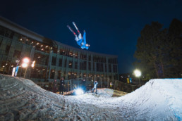 A skier hits a jump at Thompson Rivers University