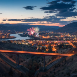 Fireworks for Canada Day are visible over the city of Kamloops, BC